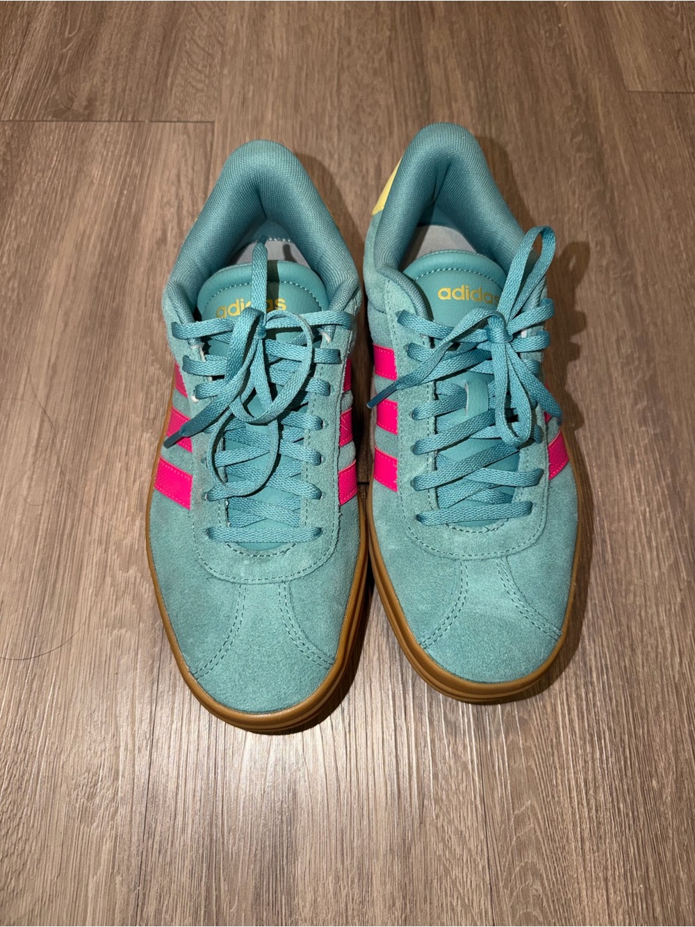 adidas Women’s Teal Suede Sneakers with Pink Stripes and Gum Sole